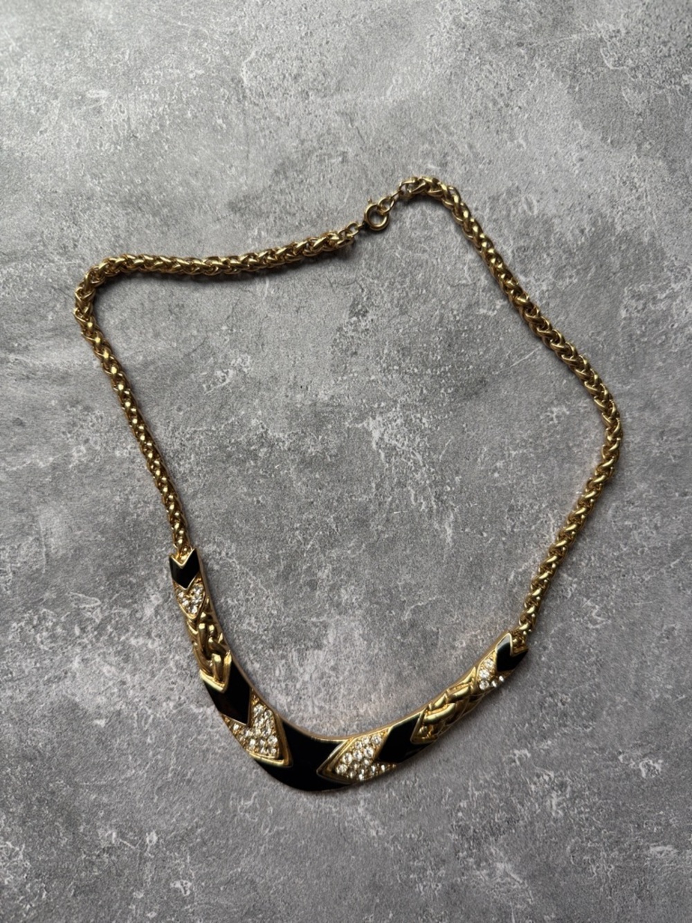 Vintage Trifari Black onyx and Gold Chevron Crystal Necklace